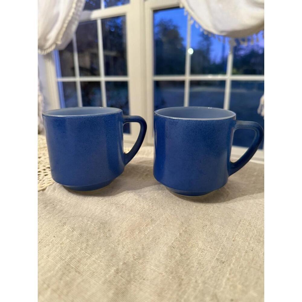 Lot Of 2 Vtg Federal Glass Blue Mugs Coffee Tea Glass Cup Stackable D Handle